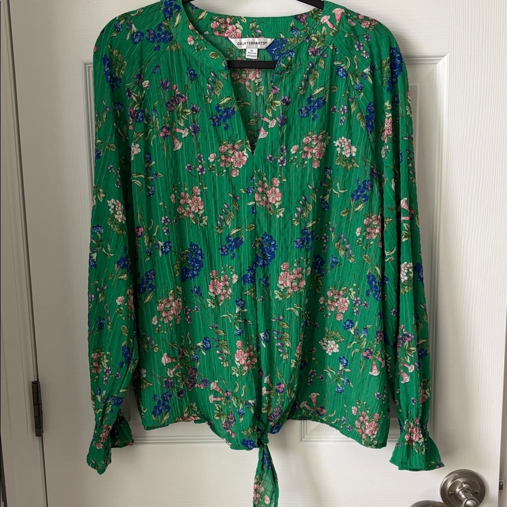Counterparts Green Floral Tie-Front Blouse with Ruffle Cuffs
